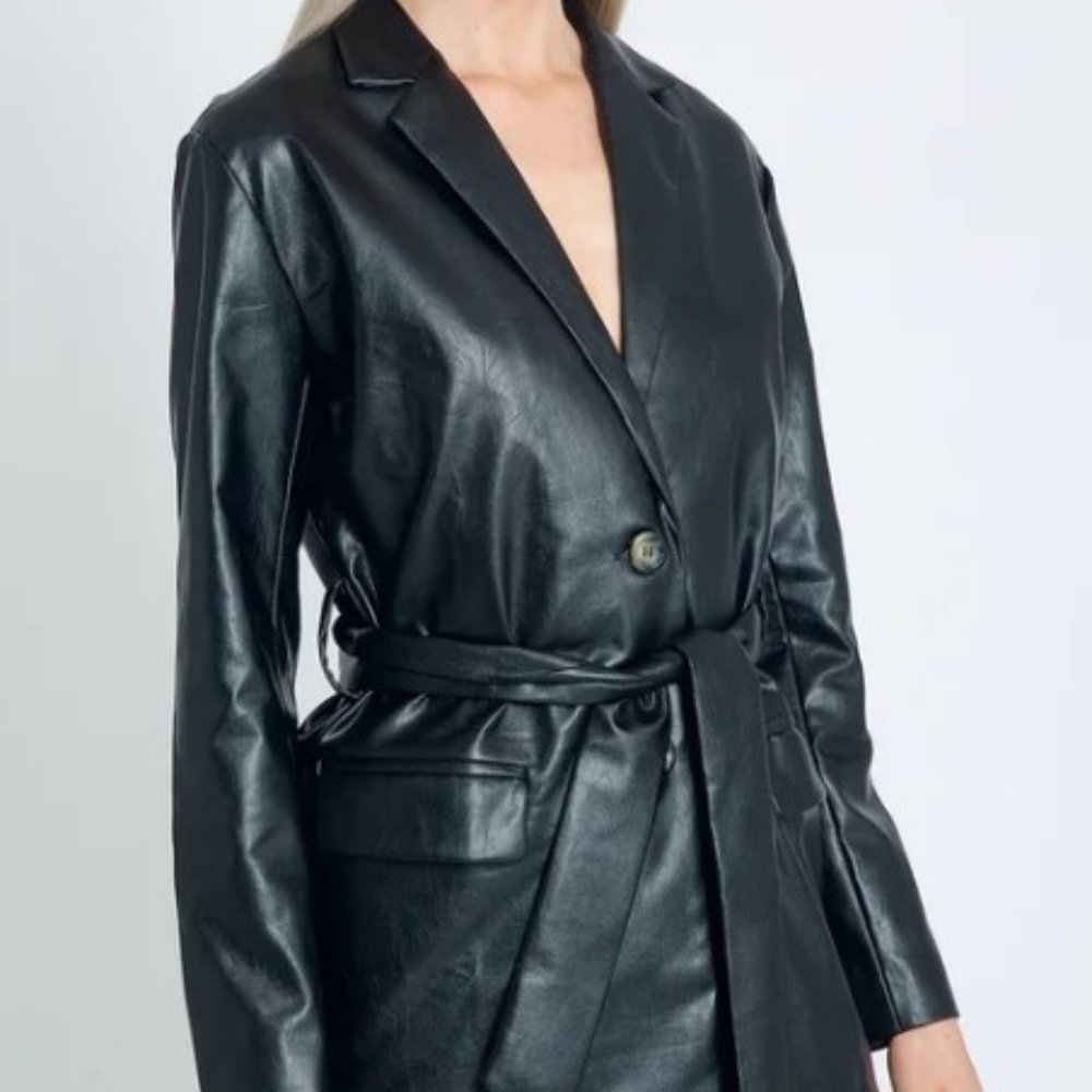 Native Youth	- Boxy PU SB Blazer With Self Tie at Waist